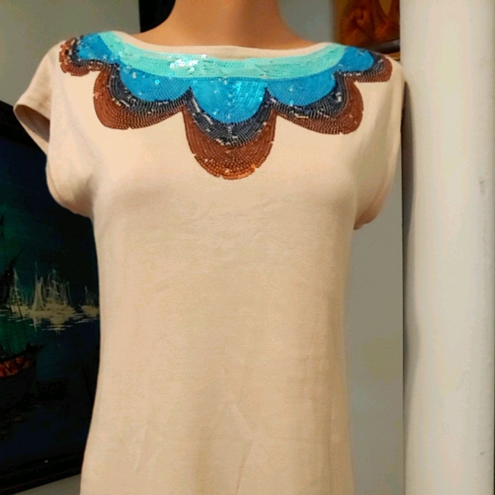 Trina Turk Sleeveless Sequins around neck dress.